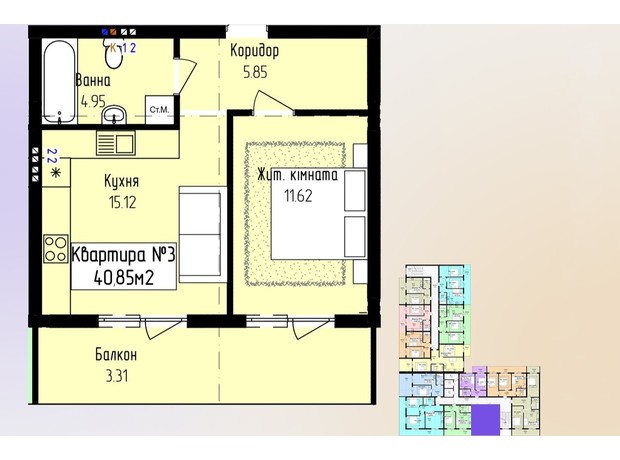 ЖК Зелёный: планировка 1-комнатной квартиры 40.85 м²