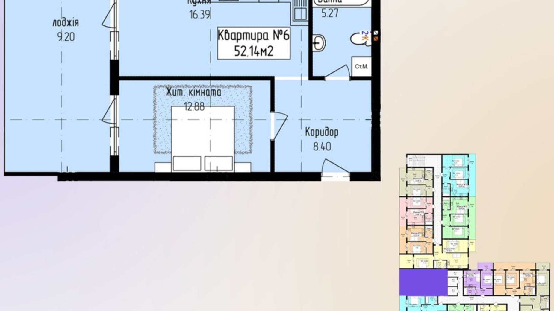 Планировка 1-комнатной квартиры в ЖК Зелёный 52.14 м², фото 647631