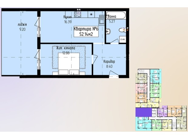 ЖК Зелений: планування 1-кімнатної квартири 52.14 м²
