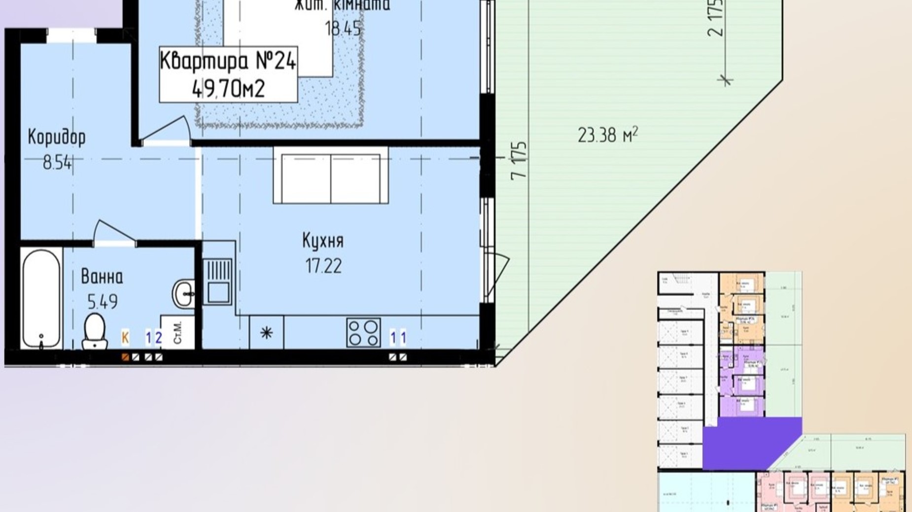 Планировка 1-комнатной квартиры в ЖК Зелёный 49.7 м², фото 647632