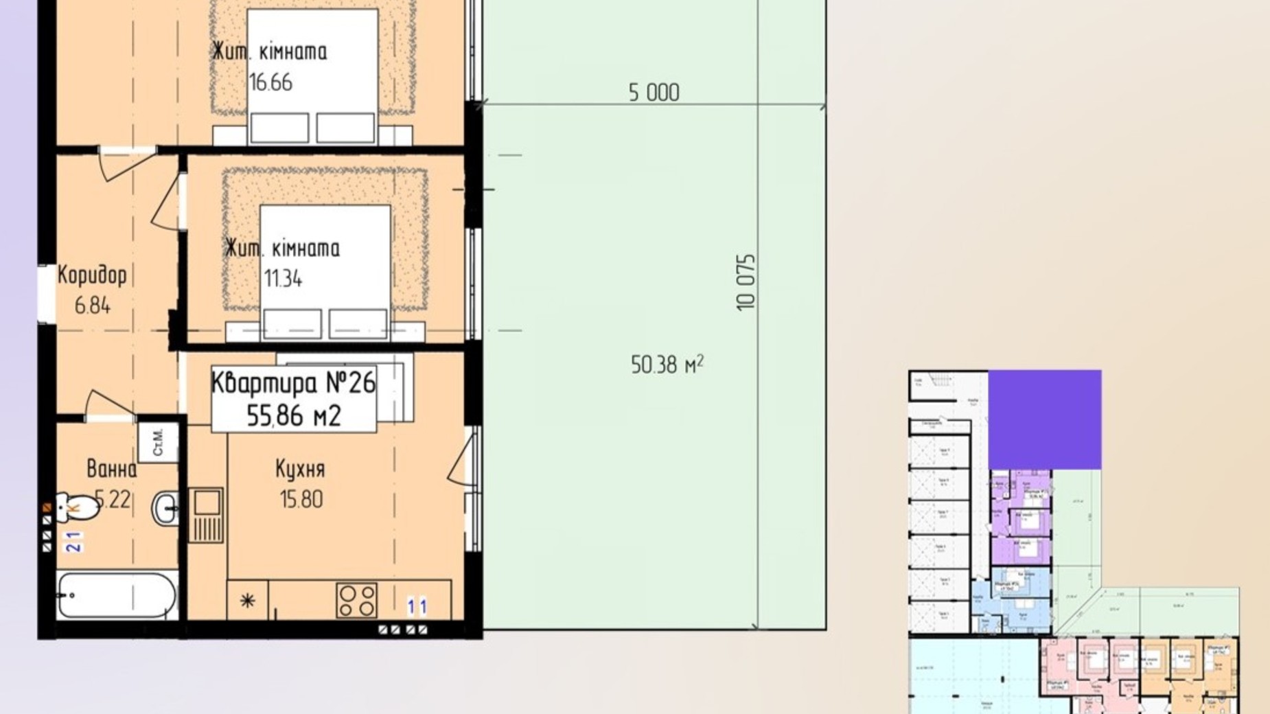 Планировка 2-комнатной квартиры в ЖК Зелёный 55.86 м², фото 647667