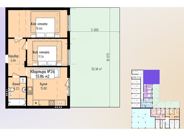 ЖК Зелений: планування 2-кімнатної квартири 55.86 м²