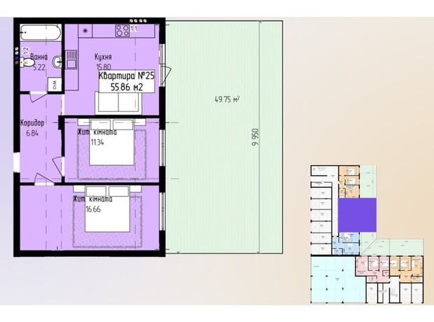 ЖК Зелений: планування 2-кімнатної квартири 55.86 м²