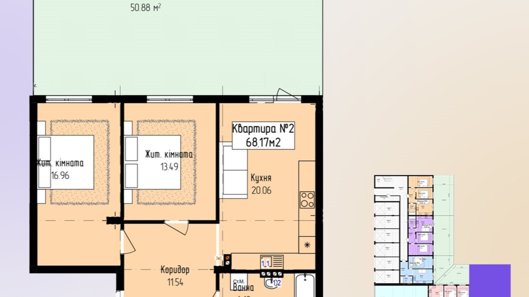Планировка 2-комнатной квартиры в ЖК Зелёный 68.17 м², фото 647674