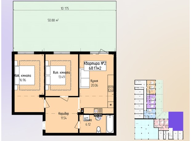 ЖК Зелений: планування 2-кімнатної квартири 68.17 м²