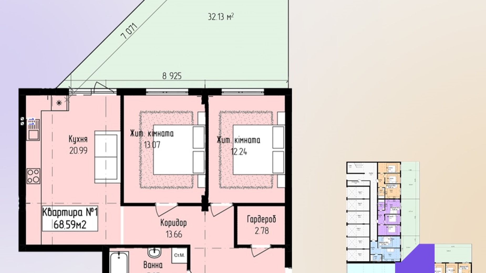 Планування 2-кімнатної квартири в ЖК Зелений 68.59 м², фото 647675