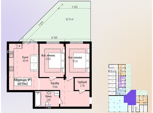 ЖК Зелений: планування 2-кімнатної квартири 68.59 м²