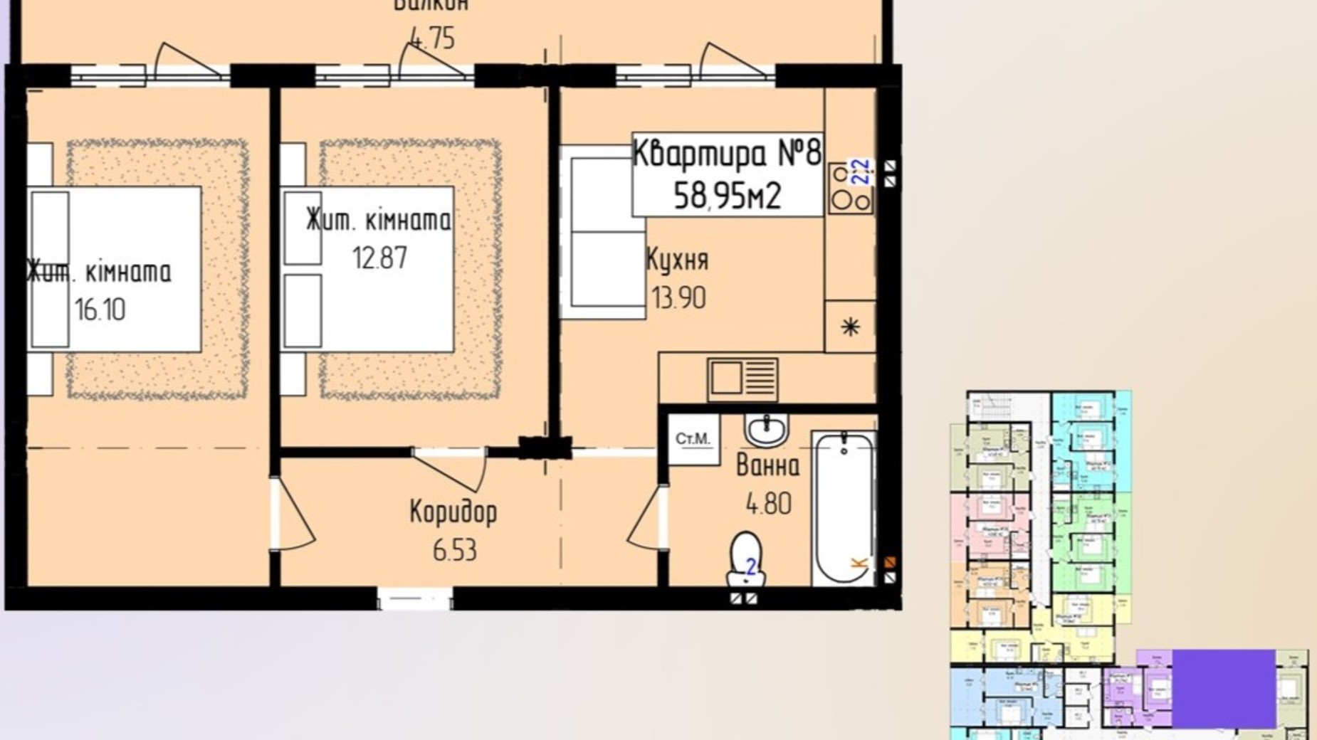 Планировка 2-комнатной квартиры в ЖК Зелёный 58.95 м², фото 647676
