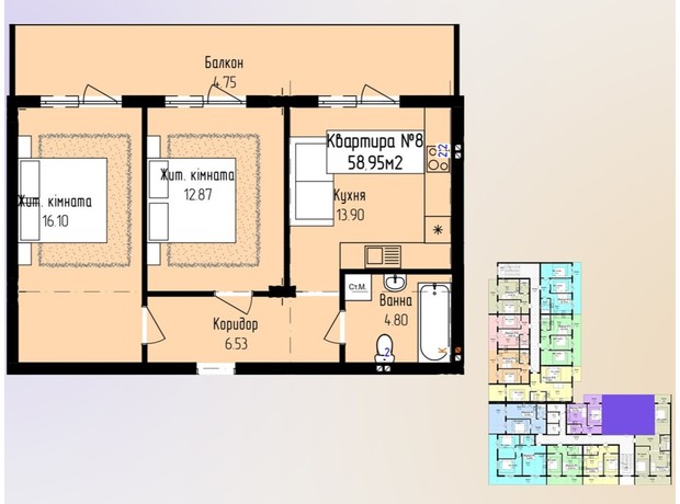 ЖК Зелений: планування 2-кімнатної квартири 58.95 м²