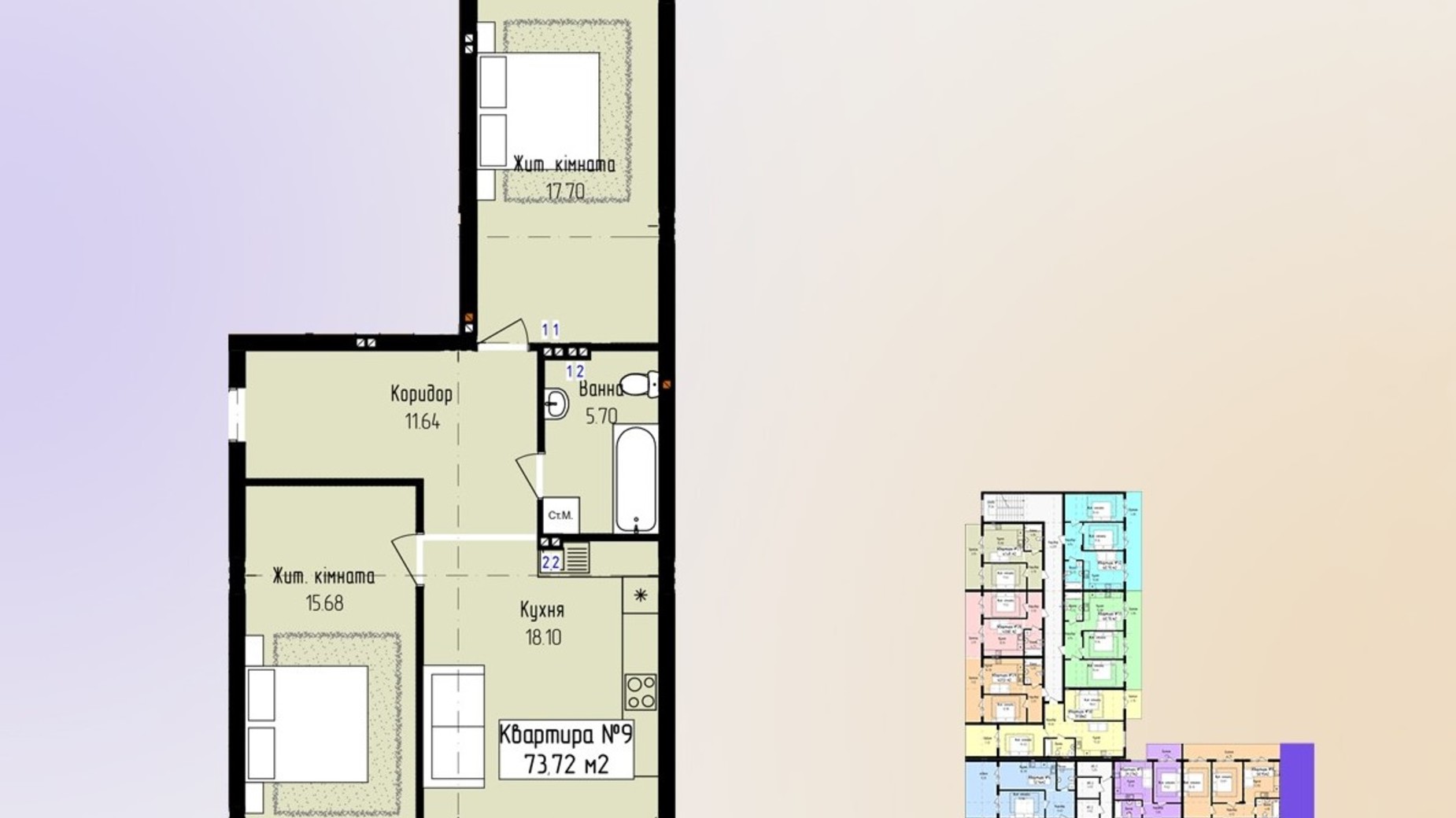 Планировка 2-комнатной квартиры в ЖК Зелёный 73.72 м², фото 647680