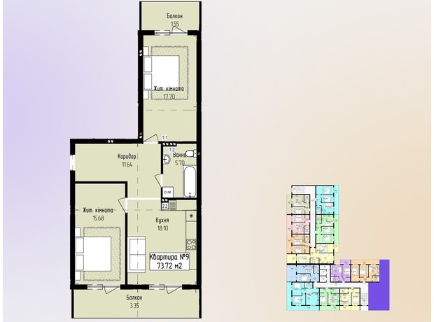 ЖК Зелений: планування 2-кімнатної квартири 73.72 м²