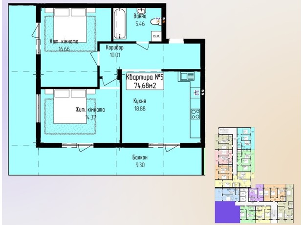 ЖК Зелений: планування 2-кімнатної квартири 74.68 м²