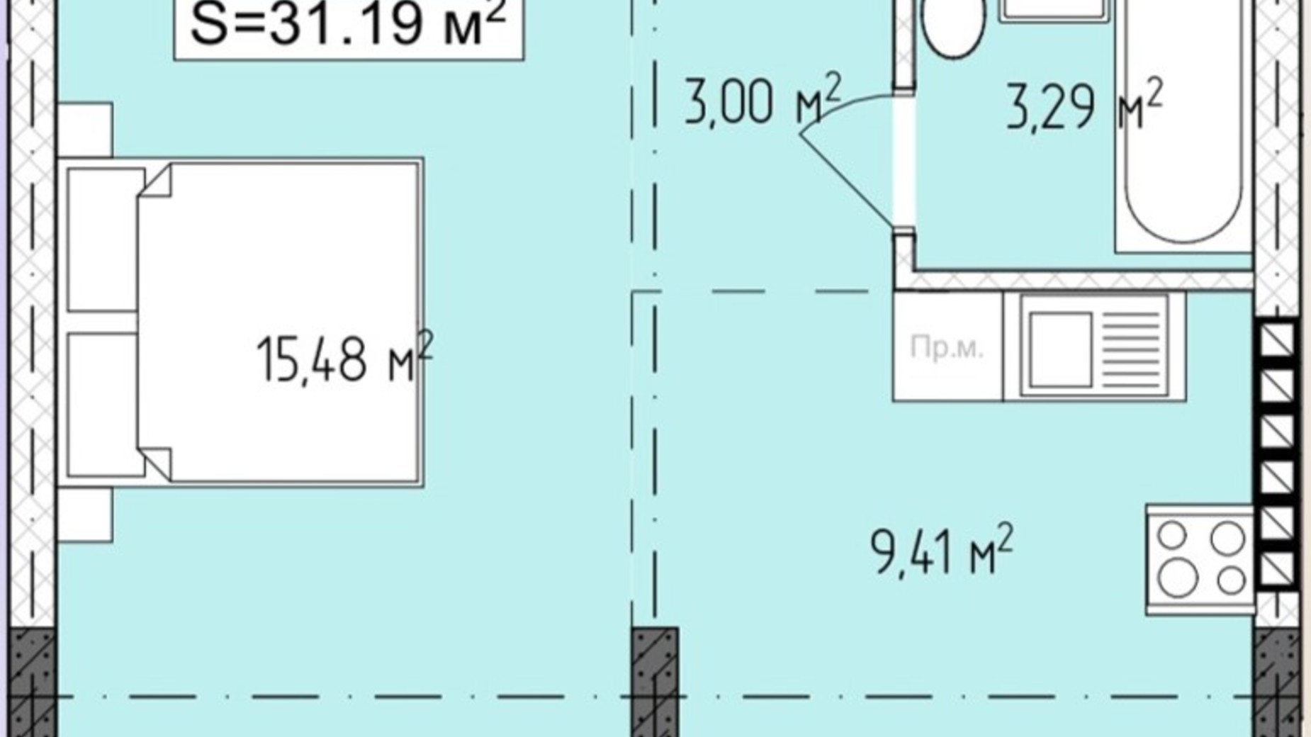 Планування 1-кімнатної квартири в ЖК Central Avenue 31.19 м², фото 647730
