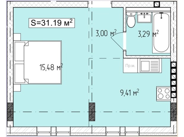 ЖК Central Avenue: планировка 1-комнатной квартиры 31.19 м²