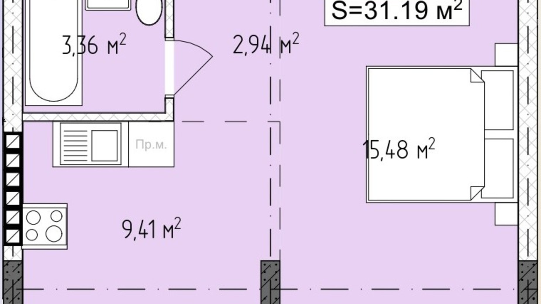 Планування 1-кімнатної квартири в ЖК Central Avenue 31.19 м², фото 647731
