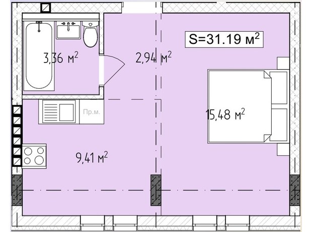 ЖК Central Avenue: планировка 1-комнатной квартиры 31.19 м²