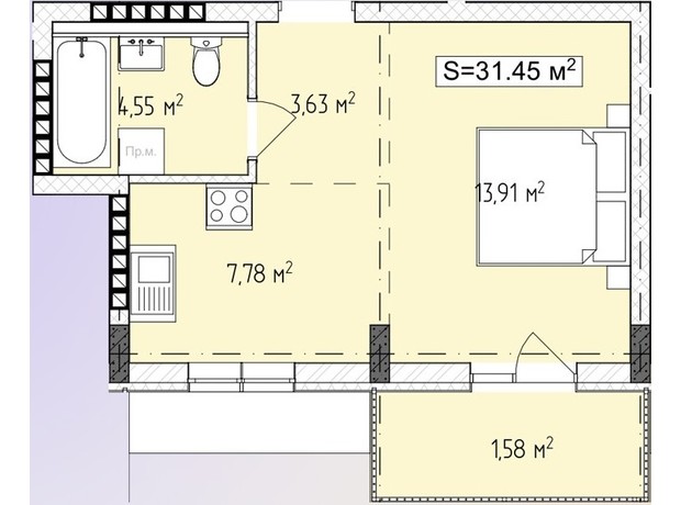 ЖК Central Avenue: планування 1-кімнатної квартири 31.45 м²