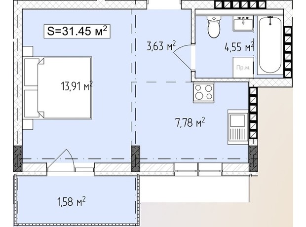 ЖК Central Avenue: планировка 1-комнатной квартиры 31.45 м²