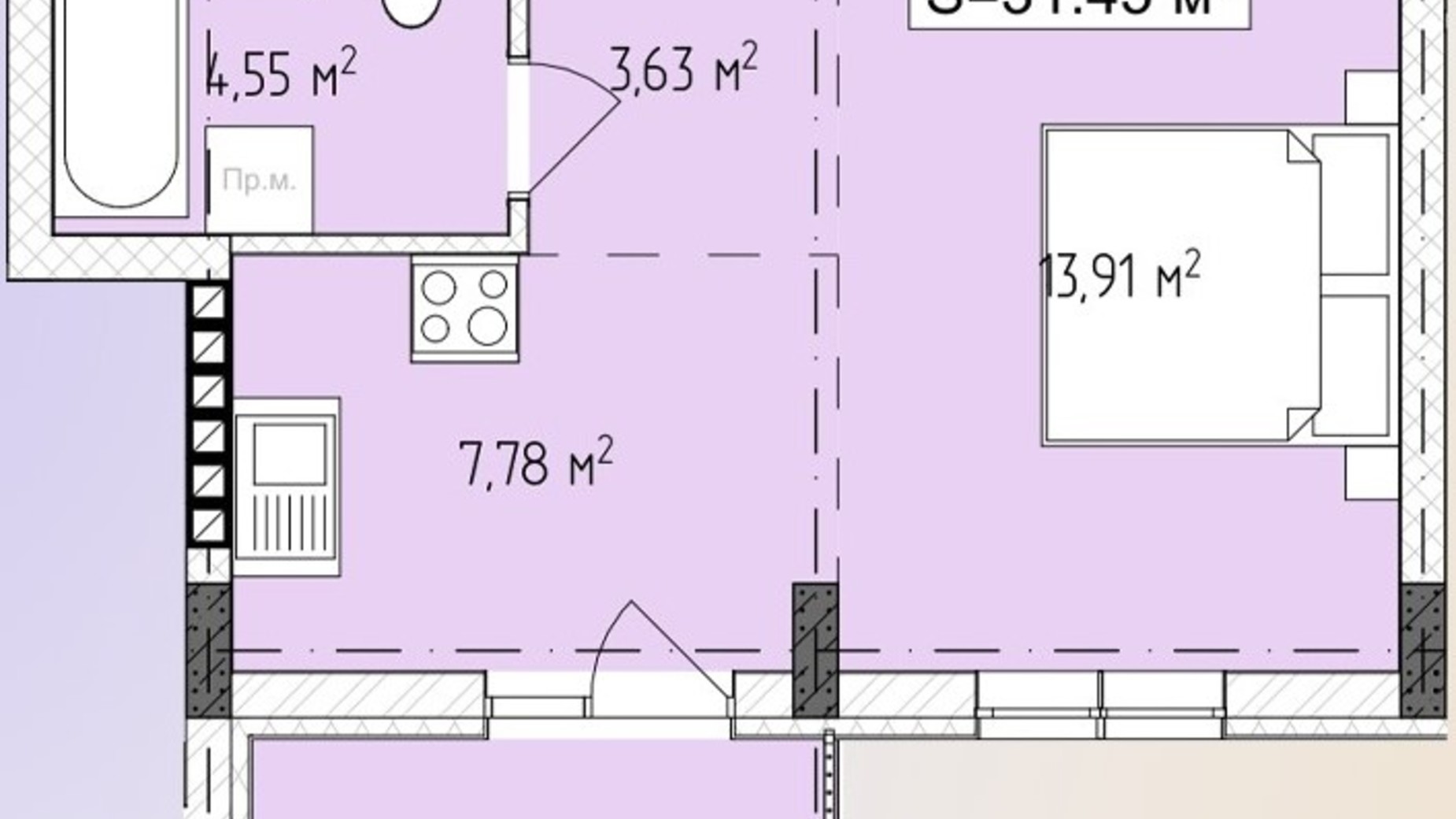Планування 1-кімнатної квартири в ЖК Central Avenue 31.45 м², фото 647749