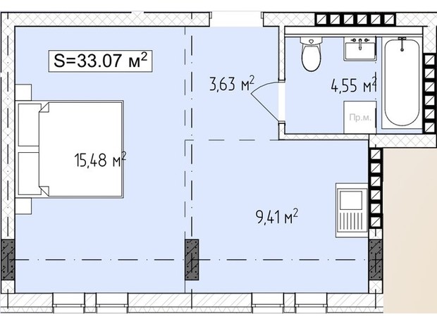 ЖК Central Avenue: планировка 1-комнатной квартиры 33.07 м²