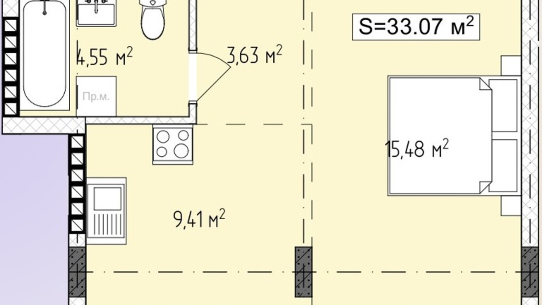 Планування 1-кімнатної квартири в ЖК Central Avenue 33.07 м², фото 647752
