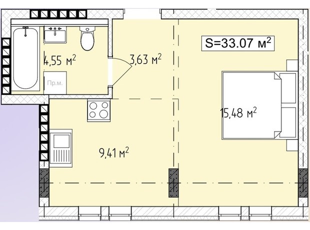 ЖК Central Avenue: планировка 1-комнатной квартиры 33.07 м²