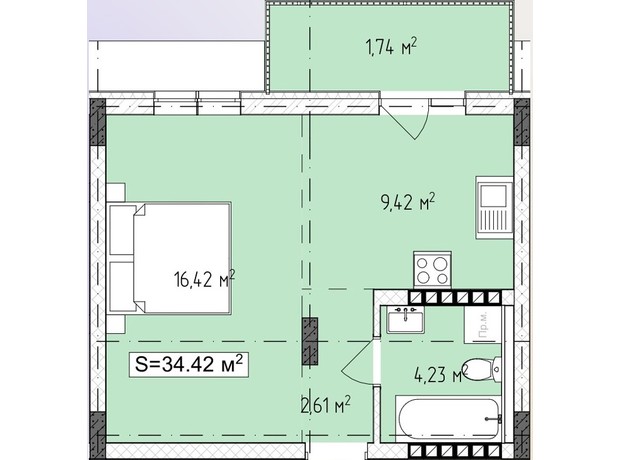 ЖК Central Avenue: планування 1-кімнатної квартири 34.42 м²
