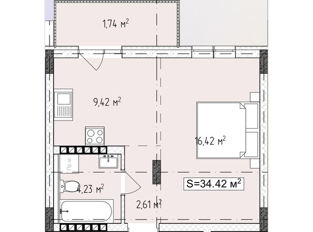 ЖК Central Avenue: планування 1-кімнатної квартири 34.42 м²