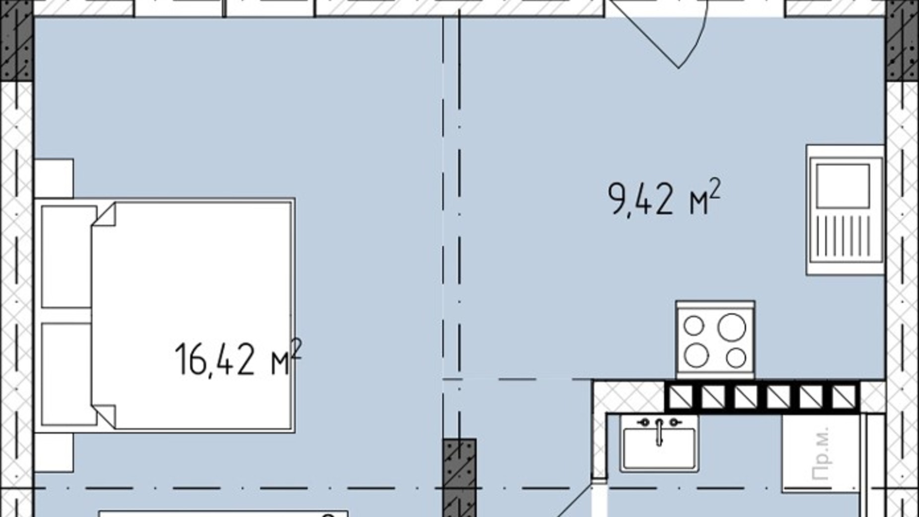 Планування 1-кімнатної квартири в ЖК Central Avenue 34.42 м², фото 647755
