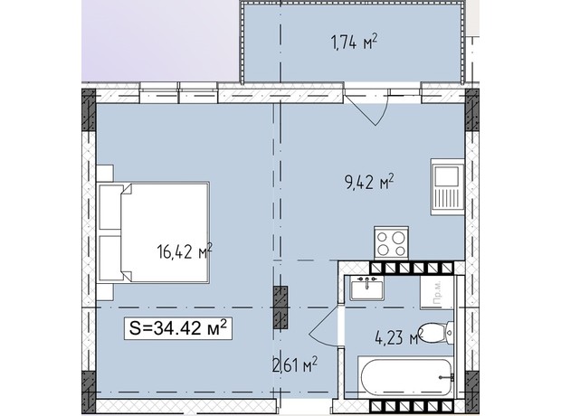 ЖК Central Avenue: планування 1-кімнатної квартири 34.42 м²