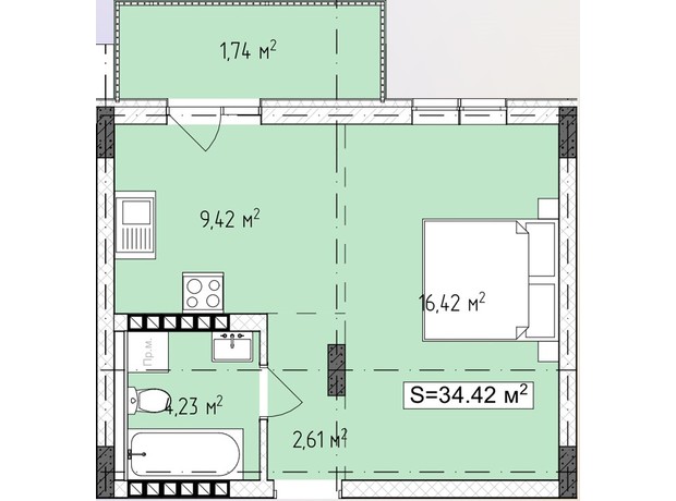 ЖК Central Avenue: планування 1-кімнатної квартири 34.42 м²