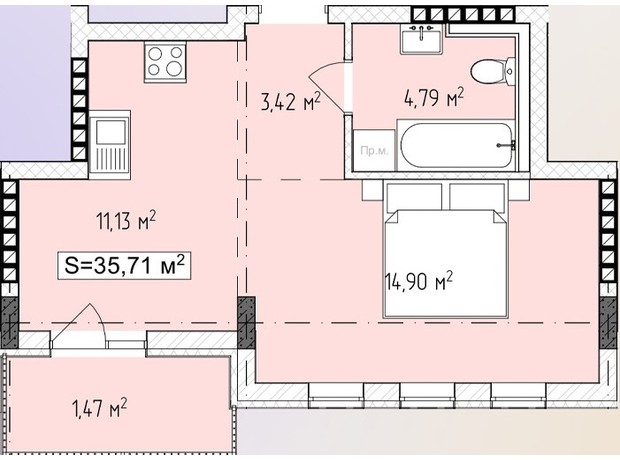 ЖК Central Avenue: планування 1-кімнатної квартири 35.71 м²