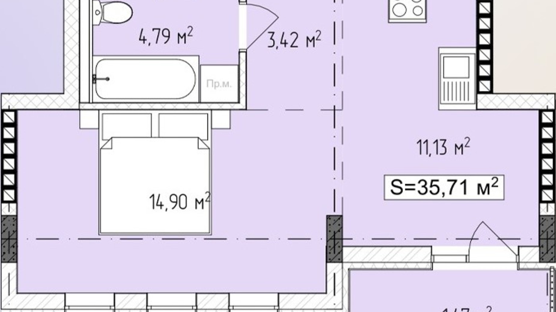 Планування 1-кімнатної квартири в ЖК Central Avenue 35.71 м², фото 647778