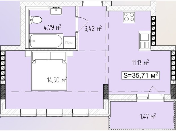 ЖК Central Avenue: планування 1-кімнатної квартири 35.71 м²