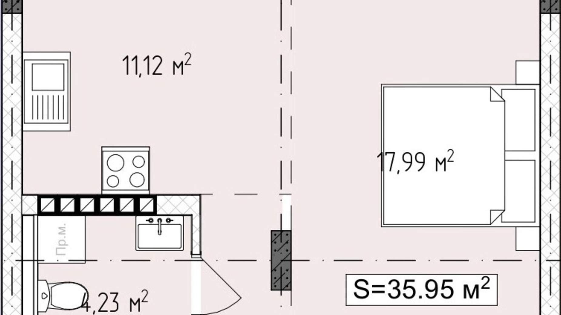 Планування 1-кімнатної квартири в ЖК Central Avenue 35.95 м², фото 647779