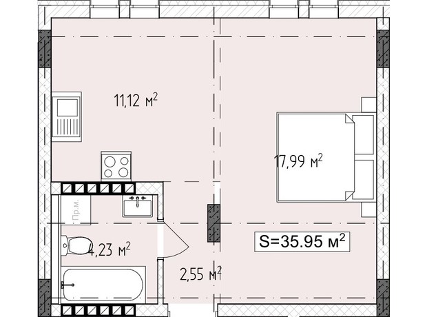 ЖК Central Avenue: планировка 1-комнатной квартиры 35.95 м²