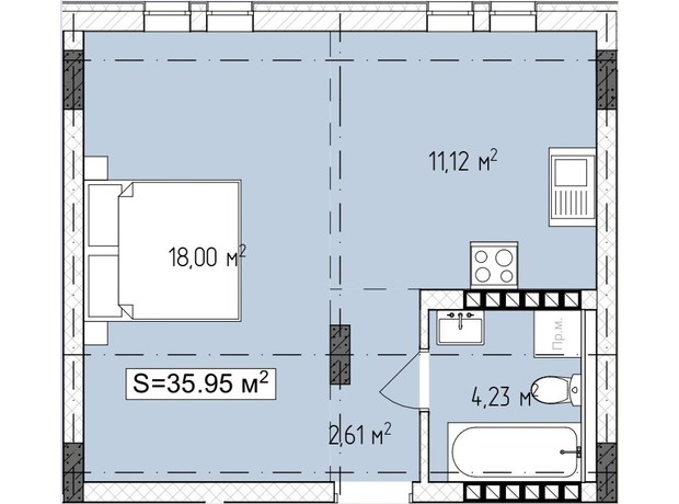 ЖК Central Avenue: планировка 1-комнатной квартиры 35.95 м²