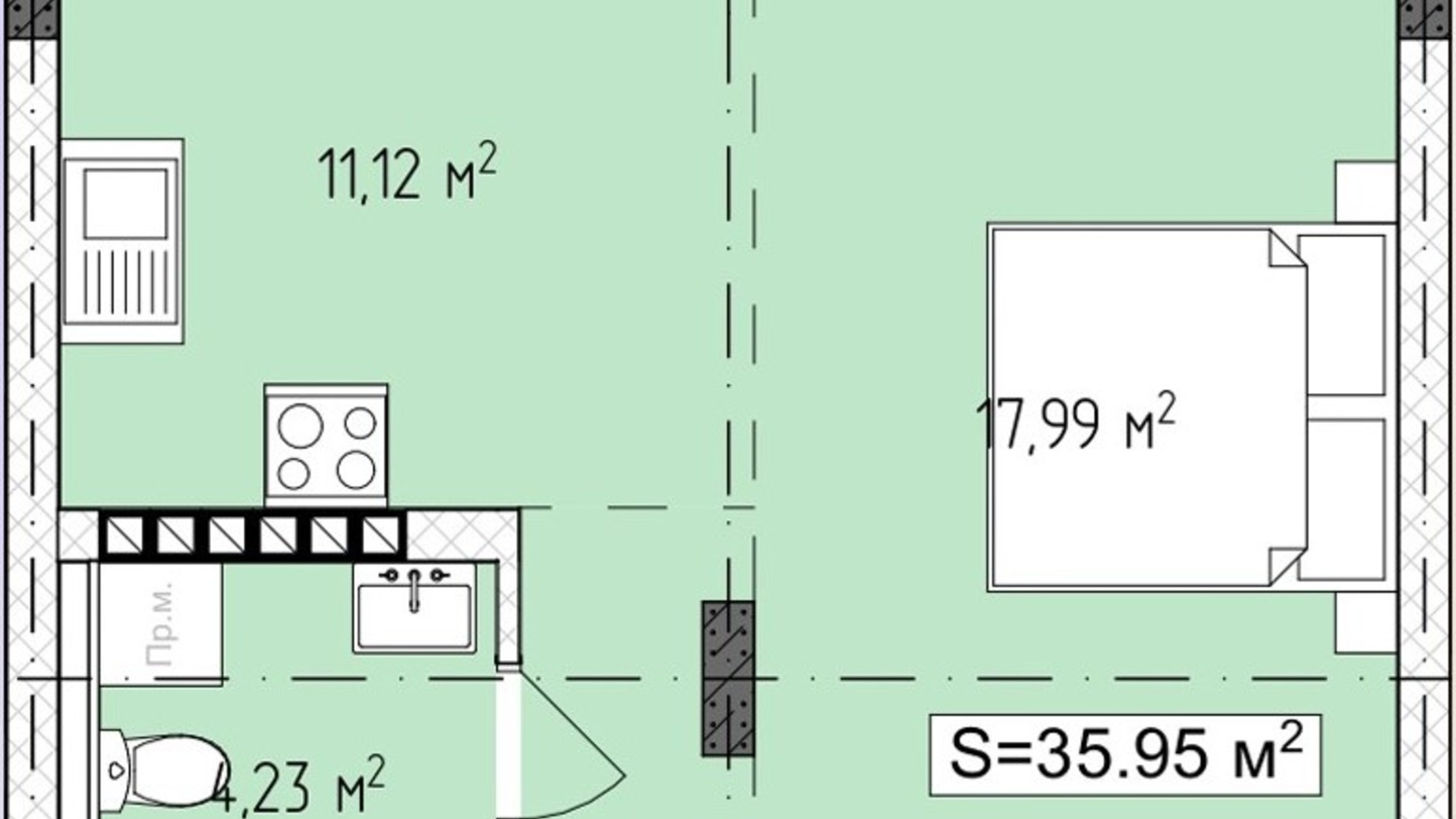 Планування 1-кімнатної квартири в ЖК Central Avenue 35.95 м², фото 647781