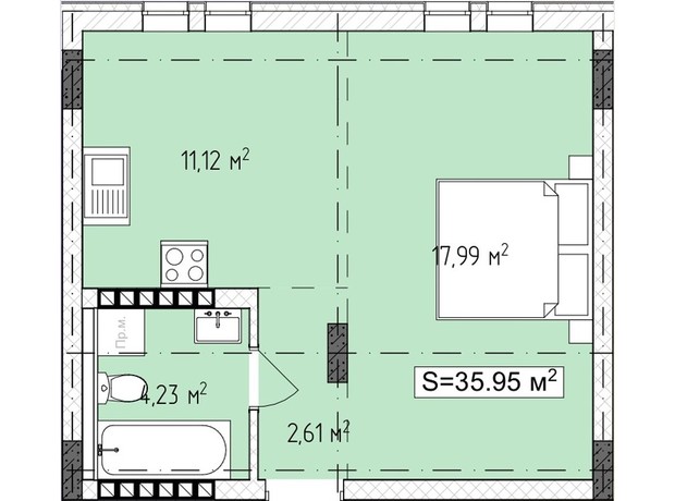 ЖК Central Avenue: планування 1-кімнатної квартири 35.95 м²