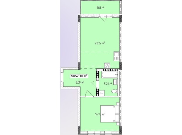 ЖК Central Avenue: планування 1-кімнатної квартири 52.1 м²