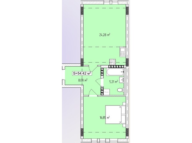 ЖК Central Avenue: планування 1-кімнатної квартири 54.42 м²
