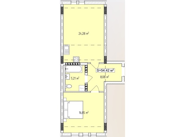 ЖК Central Avenue: планування 1-кімнатної квартири 52.42 м²