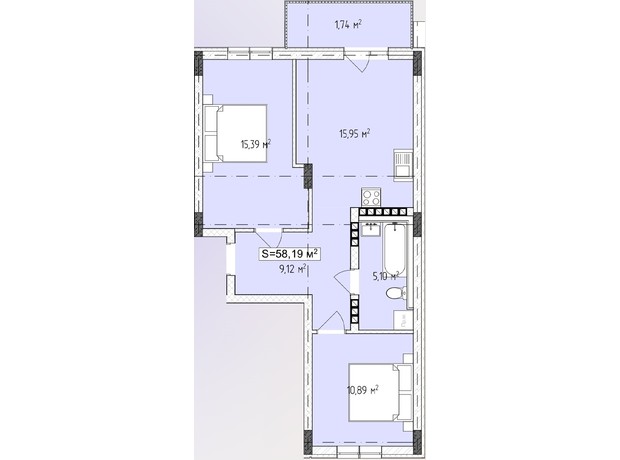 ЖК Central Avenue: планування 2-кімнатної квартири 58.19 м²