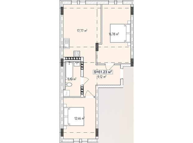 ЖК Central Avenue: планування 2-кімнатної квартири 61.23 м²