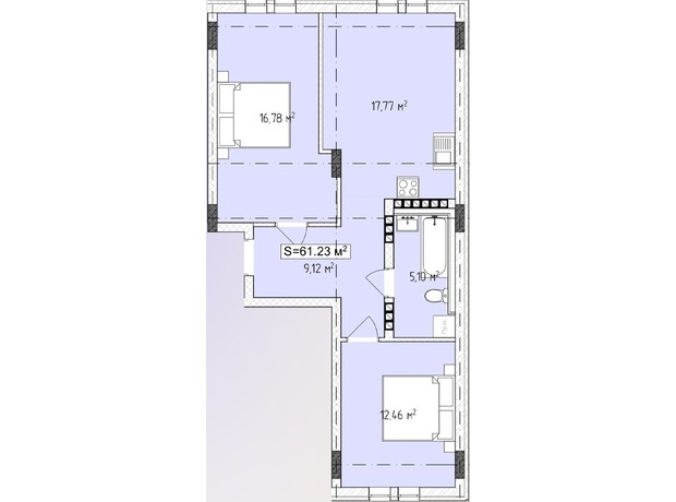 ЖК Central Avenue: планування 2-кімнатної квартири 61.23 м²