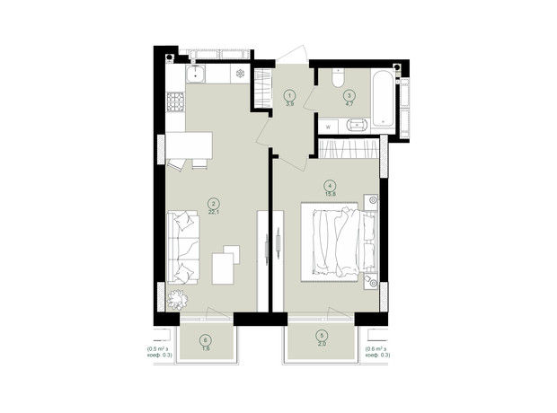 ЖК Дом на Вавиловых: планировка 1-комнатной квартиры 47.6 м²