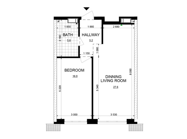 ЖК Русанівська Гавань: планування 1-кімнатної квартири 54.4 м²