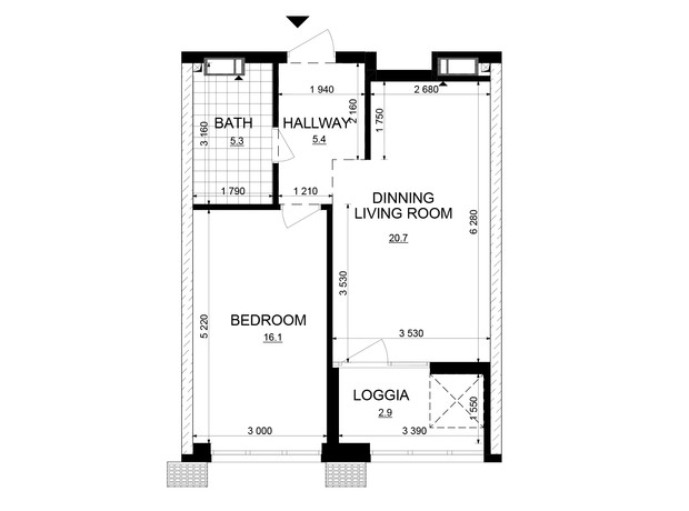 ЖК Русанівська Гавань: планування 1-кімнатної квартири 50.4 м²