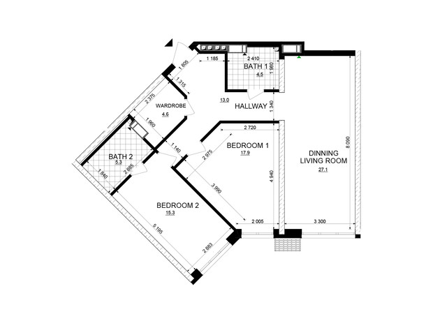 ЖК Русановская Гавань: планировка 2-комнатной квартиры 87.7 м²