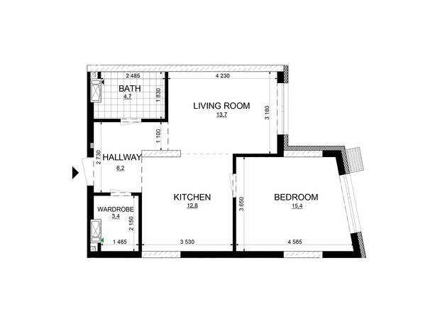 ЖК Русанівська Гавань: планування 1-кімнатної квартири 56.2 м²